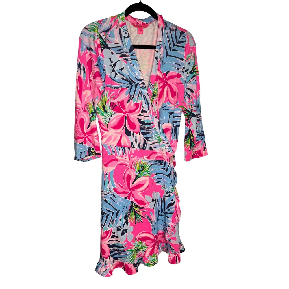 Lilly Pulitzer pink and blue tropical floral print wrap dress beach vacation‎